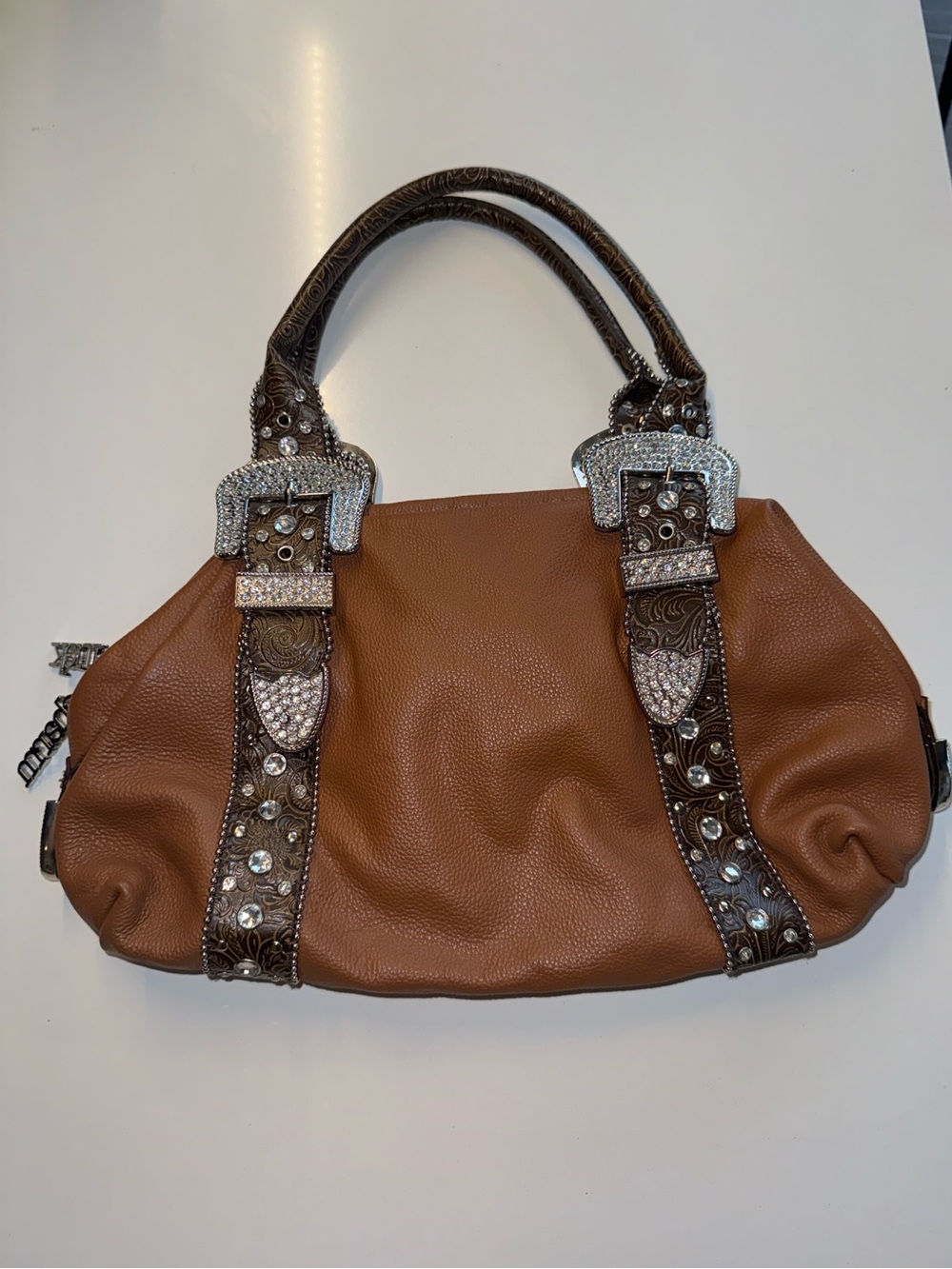 VTG Charm & Luck Jenny Syquia Brown Leather Western Rhinestone Buckle Purse Y2K